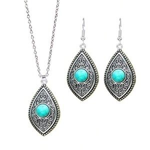 Southwest Style Western Antique Silver And Turquoise Necklace And Earrings Set